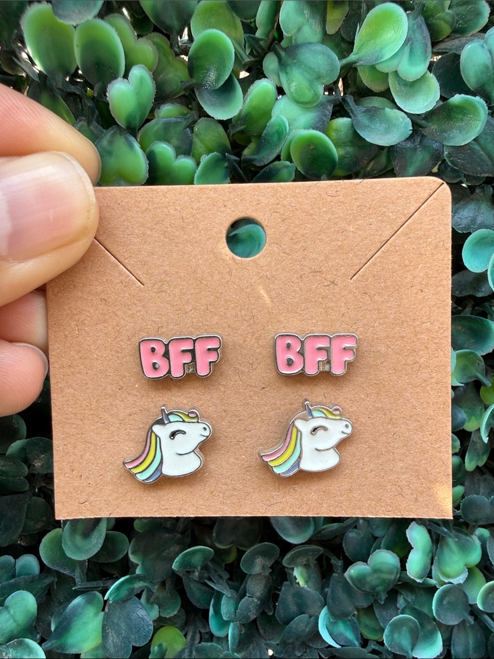 Pink BFF and White Unicorn Stud Earring Set